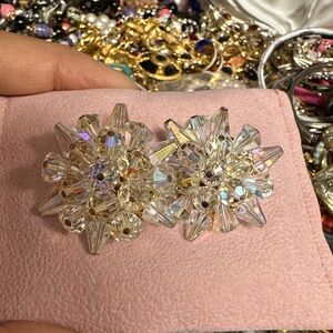 Kenneth Jay Lane vintage AB Crystal Cluster Clip-On Earrings in Iridescent Clear